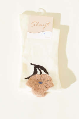 Pazarium - Çiçek Sakal Detaylı Kadın Soket Çorap Ekru