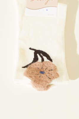 Çiçek Sakal Detaylı Kadın Soket Çorap Ekru - Thumbnail