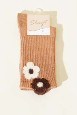 Pazarium - Çiçek Sakal Detaylı Kadın Soket Çorap Latte