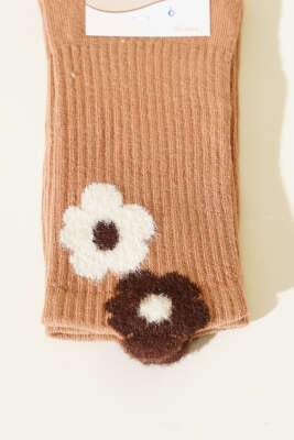 Çiçek Sakal Detaylı Kadın Soket Çorap Latte - Thumbnail