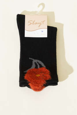 Çiçek Sakal Detaylı Kadın Soket Çorap Siyah - Thumbnail