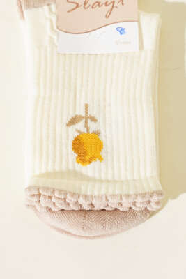 Gül Detaylı Kadın Soket Çorap Ekru - Thumbnail