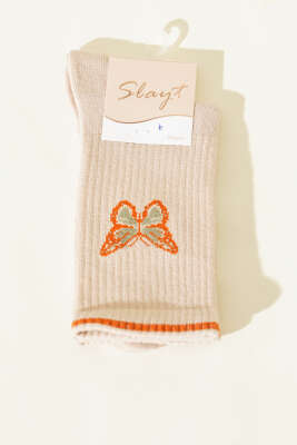 Pazarium - Kelebek Detaylı Kadın Soket Çorap Bej