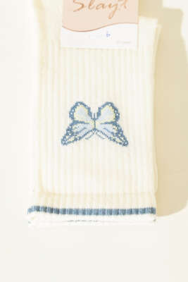 Kelebek Detaylı Kadın Soket Çorap Ekru - Thumbnail