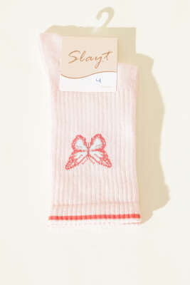 Kelebek Detaylı Kadın Soket Çorap Pembe - Thumbnail