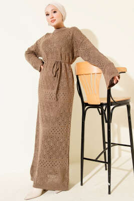 Pazarium - Baklava Desen Ajurlu Triko Elbise Vizon