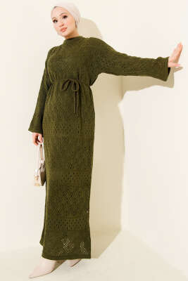 Pazarium - Baklava Desen Ajurlu Triko Elbise Haki