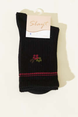 Pazarium - Mini Çiçek Detaylı Kadın Soket Çorap Siyah