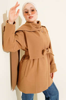 Pazarium - Omuz Apoletli Atkılı Kaşe Kaban Latte