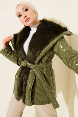 Pazarium - Yakası Kürklü Parlak Mont Haki