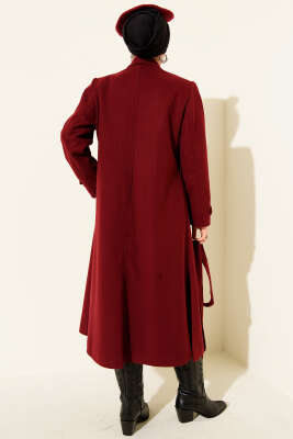 Kruvaze Yakalı Kuşaklı Uzun Kaşe Kaban Bordo - Thumbnail