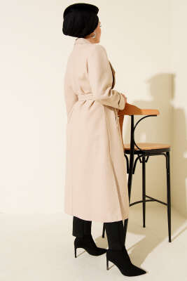 Kruvaze Yakalı Kuşaklı Uzun Kaşe Kaban Bej - Thumbnail