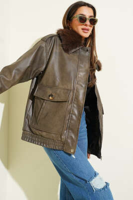 Gömlek Yaka Kürklü Deri Mont Antrasit - Thumbnail