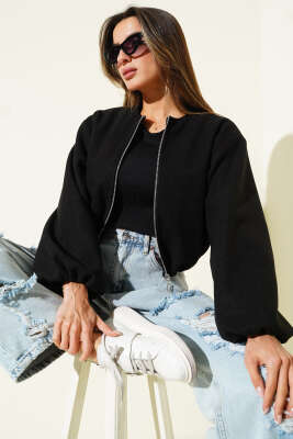 Pazarium - Bilek Lastik Detaylı Kısa Kaşe Ceket Siyah