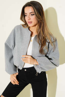 Pazarium - Bilek Lastik Detaylı Kısa Kaşe Ceket Gri