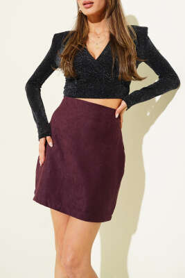 Pens Detaylı Mini Süet Etek Mürdüm - Thumbnail