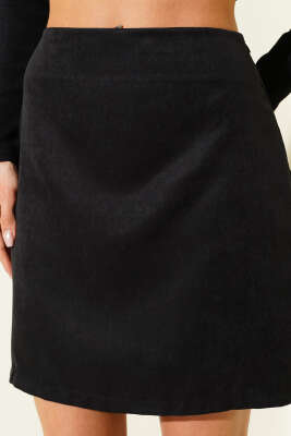 Pens Detaylı Mini Süet Etek Siyah - Thumbnail