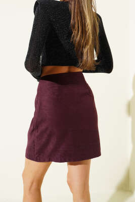 Pens Detaylı Mini Süet Etek Mürdüm - Thumbnail