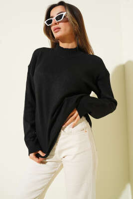 Pazarium - Yarım Balıkçı Yaka Basic Kazak Siyah