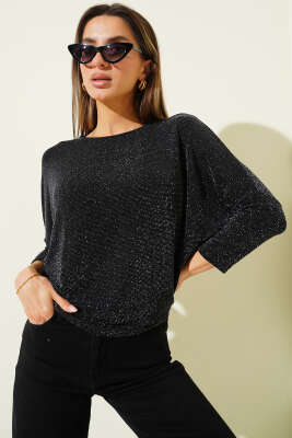 Pazarium - Yarasa Kol Simli Bluz Siyah