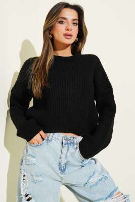 Selanik Örgü Kısa Triko Yumoş Kazak Siyah - Thumbnail