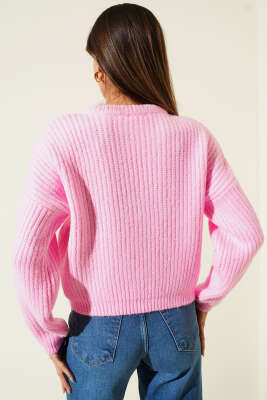 Selanik Örgü Kısa Triko Yumoş Kazak Pembe - Thumbnail