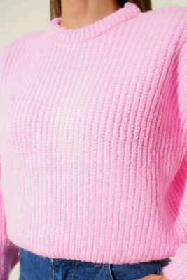 Selanik Örgü Kısa Triko Yumoş Kazak Pembe - Thumbnail