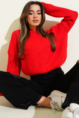 Selanik Örgü Kısa Triko Yumoş Kazak Kırmızı - Thumbnail