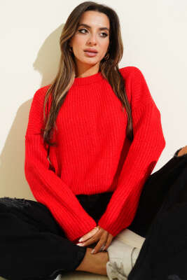 Selanik Örgü Kısa Triko Yumoş Kazak Kırmızı - Thumbnail