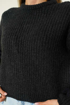 Selanik Örgü Kısa Triko Yumoş Kazak Antrasit - Thumbnail