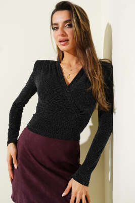 Omuz Vatkalı Simli Bluz Siyah - Thumbnail