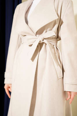 Kruvaze Yakalı Kuşaklı Uzun Kaşe Kaban Taş - Thumbnail