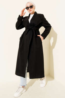 Kruvaze Yakalı Kuşaklı Uzun Kaşe Kaban Siyah - Thumbnail