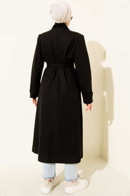 Kruvaze Yakalı Kuşaklı Uzun Kaşe Kaban Siyah - Thumbnail