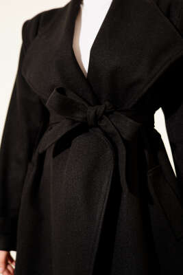 Kruvaze Yakalı Kuşaklı Uzun Kaşe Kaban Siyah - Thumbnail