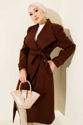 Kruvaze Yakalı Kuşaklı Uzun Kaşe Kaban Kahve - Thumbnail