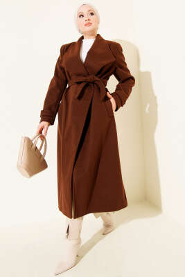 Kruvaze Yakalı Kuşaklı Uzun Kaşe Kaban Kahve - Thumbnail