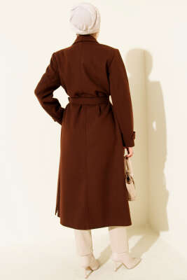 Kruvaze Yakalı Kuşaklı Uzun Kaşe Kaban Kahve - Thumbnail