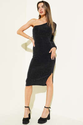 Tek Omuz Simli Midi Elbise Siyah - Thumbnail