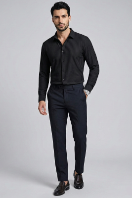 Jakar Desenli Dik Çizgili Erkek Gömlek Siyah - Thumbnail