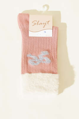 Pazarium - Kurdele Sakallı Detaylı Kadın Soket Çorap Pudra