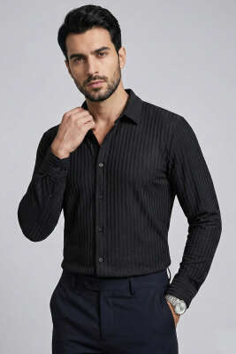 Pazarium - Jakar Desenli Dik Çizgili Erkek Gömlek Siyah