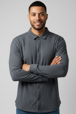 Pazarium - Jakar Desenli Dik Çizgili Erkek Gömlek Füme