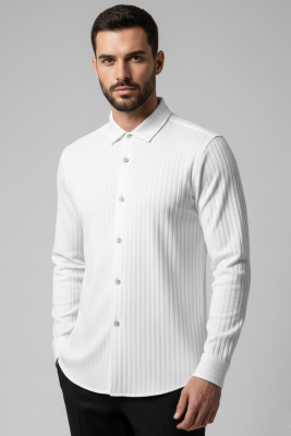 Pazarium - Jakar Desenli Dik Çizgili Erkek Gömlek Beyaz
