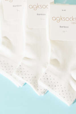 Kadın 3'lü Mini Taşlı Patik Çorap Ekru - Thumbnail