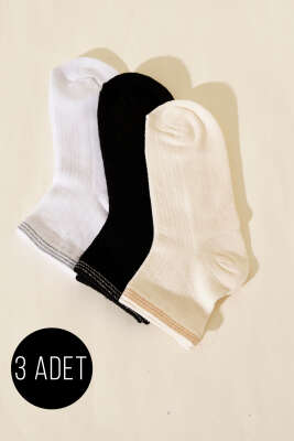 Pazarium - Kadın 3'lü Nakış Detaylı Kısa Konç Çorap Asorti 5