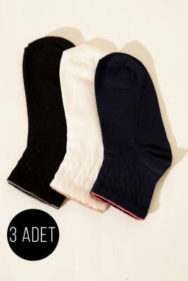 Pazarium - Kadın 3'lü Nakış Detaylı Kısa Konç Çorap Asorti 7