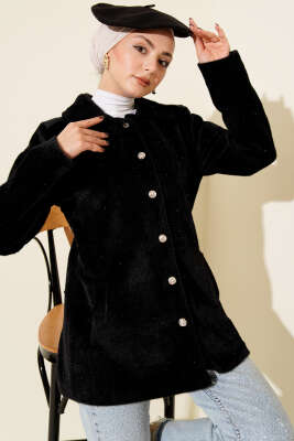 Pazarium - İncili Düğmeli Tay Tüyü Kaban Siyah