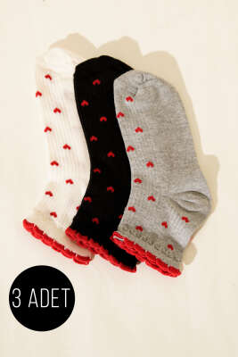 Pazarium - Kadın 3'lü Nakış Detaylı Kısa Konç Çorap Asorti 9