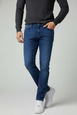 Pazarium - Likralı Düz Dar Paça Erkek Kot Pantolon Mavi